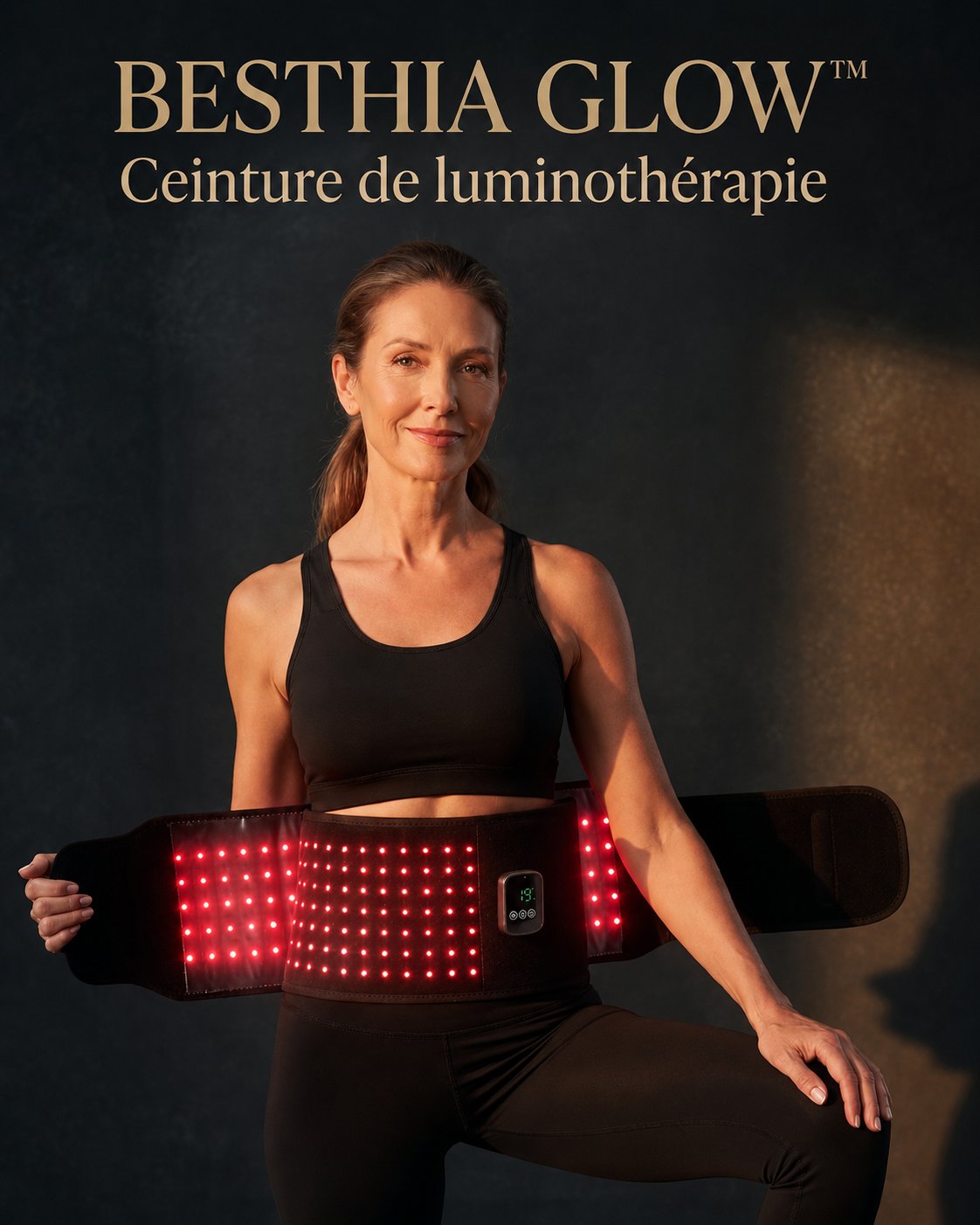 Femme portant la ceinture de luminothérapie BesthiaGlow, écran réglé sur 45°